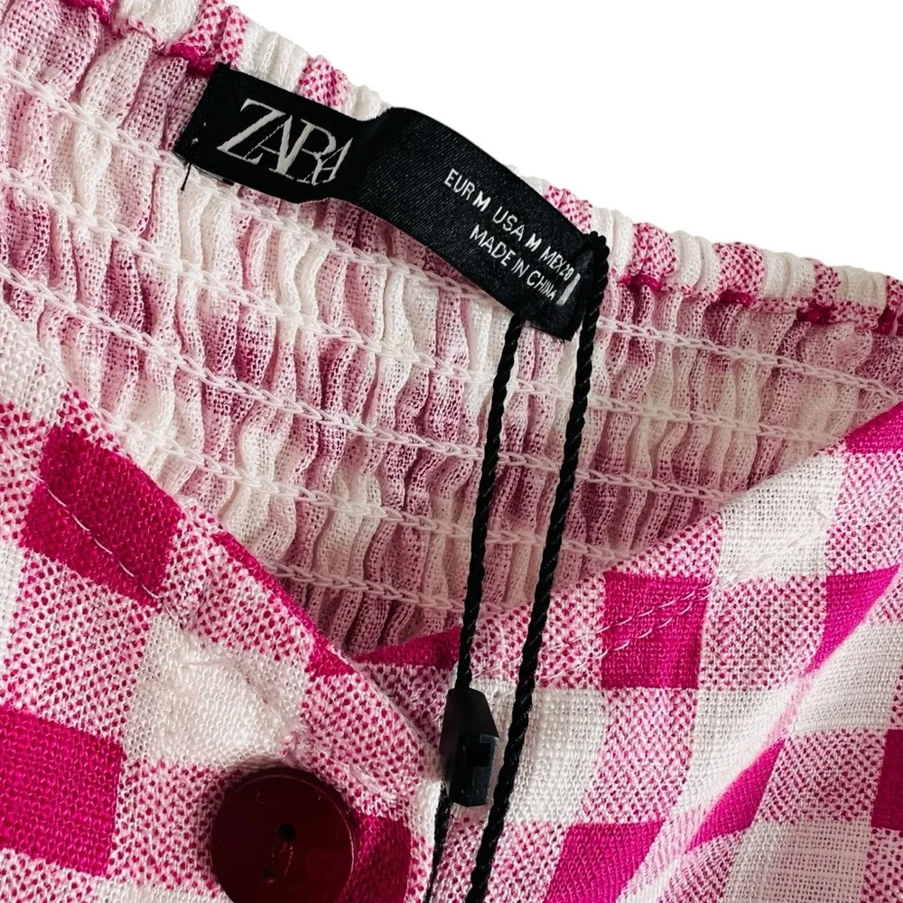 ZARA Pink Gingham Romper/ Mini Dress Sz M Linen Blend Playsuit Sweetheart  White